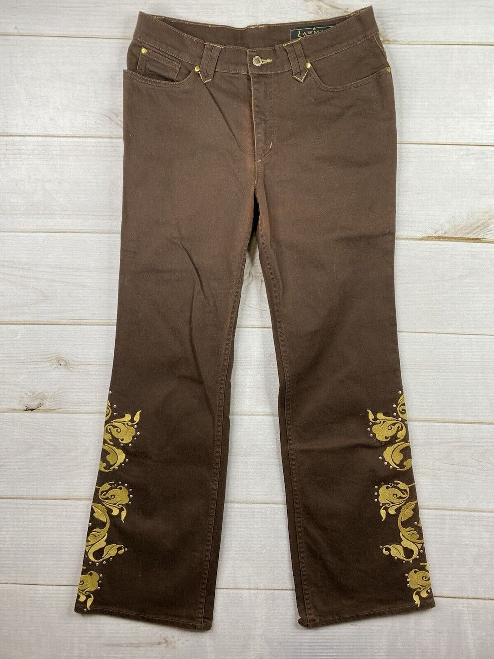 Vtg Lawman Jeans Women Jr 13 Denim Brown Western High-Rise Studded Floral Riding